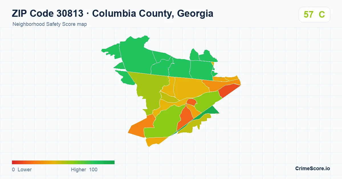 ZIP Code 30813 in Columbia County, Georgia neighborhood Safety Score map