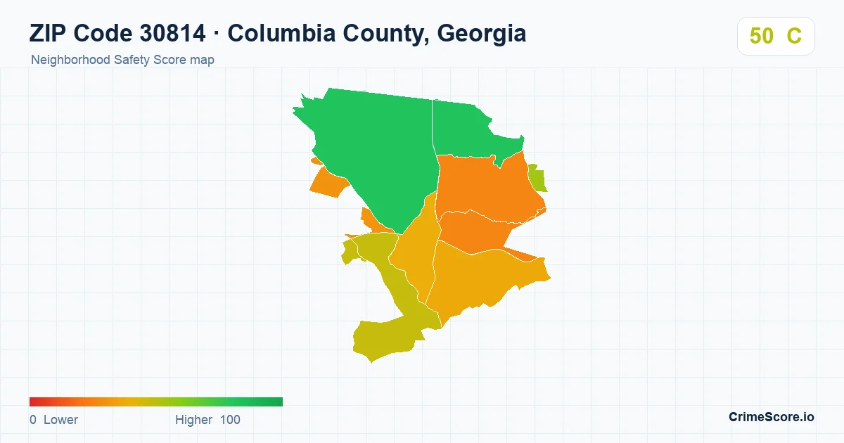 ZIP Code 30814 in Columbia County, Georgia neighborhood Safety Score map