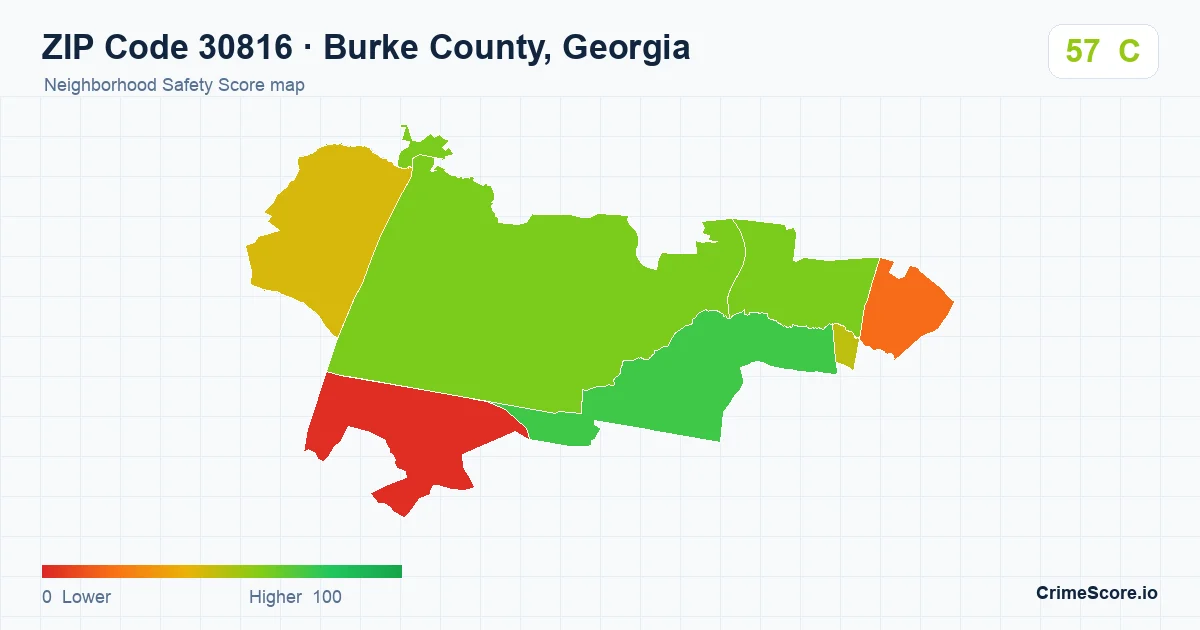 ZIP Code 30816 in Burke County, Georgia neighborhood Safety Score map