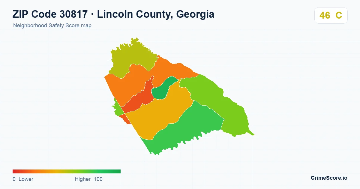 ZIP Code 30817 in Lincoln County, Georgia neighborhood Safety Score map