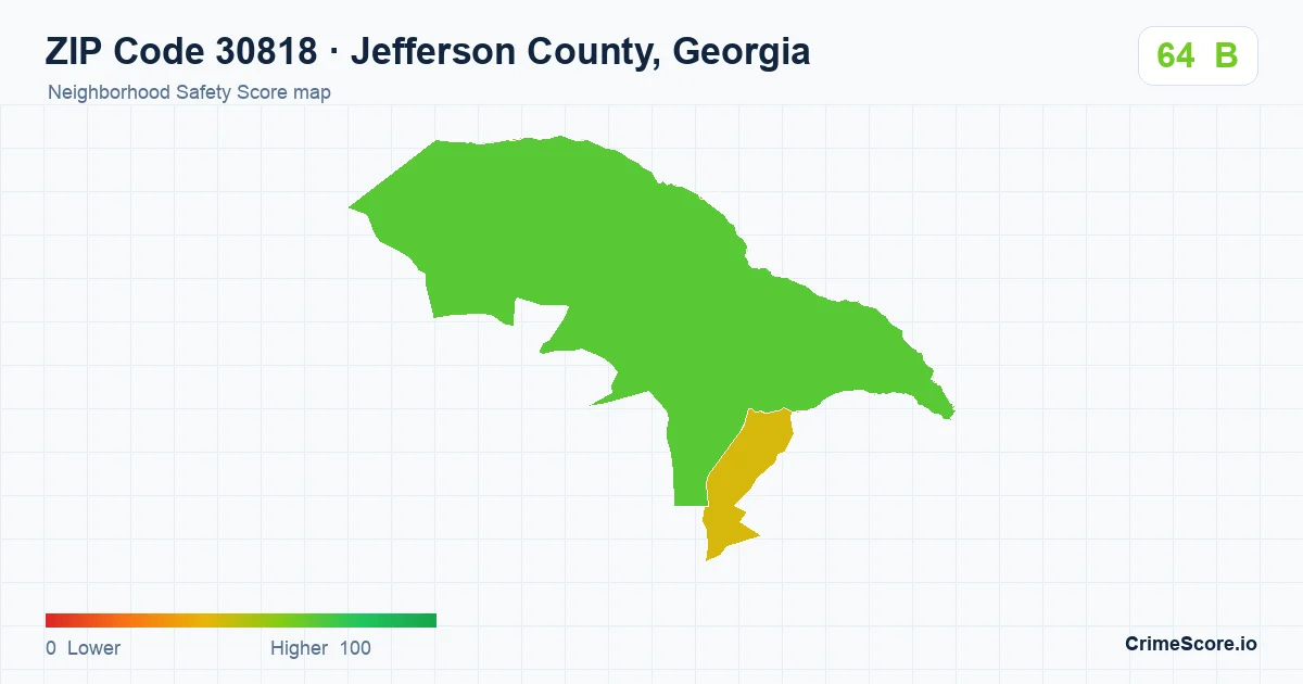 ZIP Code 30818 in Jefferson County, Georgia neighborhood Safety Score map