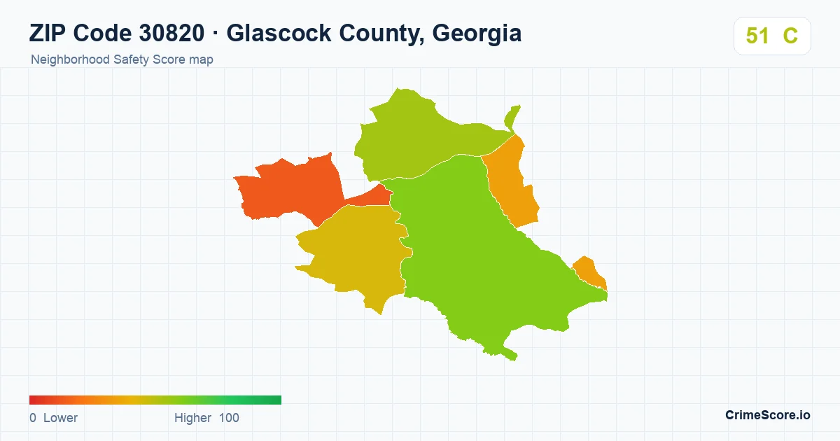 ZIP Code 30820 in Glascock County, Georgia neighborhood Safety Score map