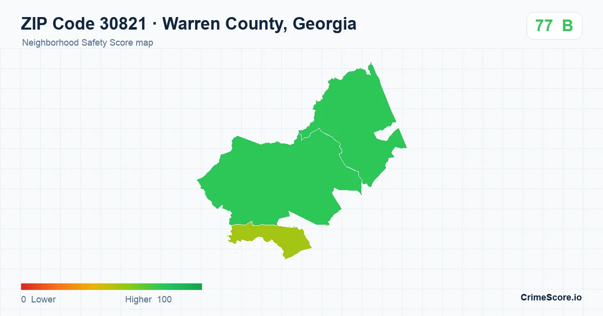 ZIP Code 30821 in Warren County, Georgia neighborhood Safety Score map