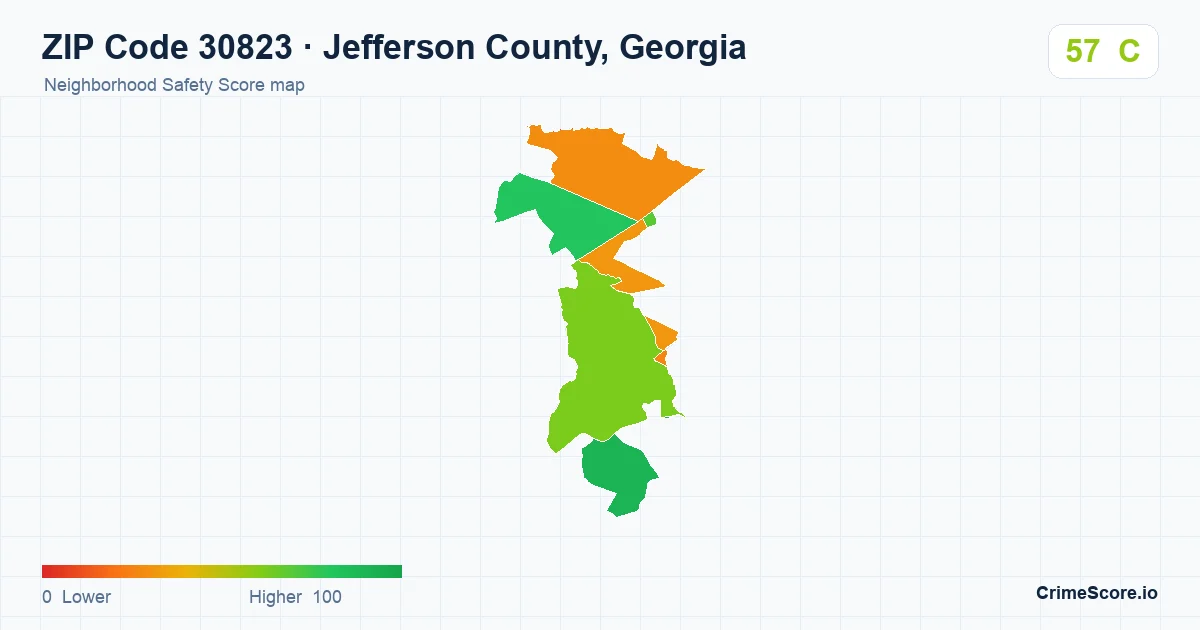 ZIP Code 30823 in Jefferson County, Georgia neighborhood Safety Score map