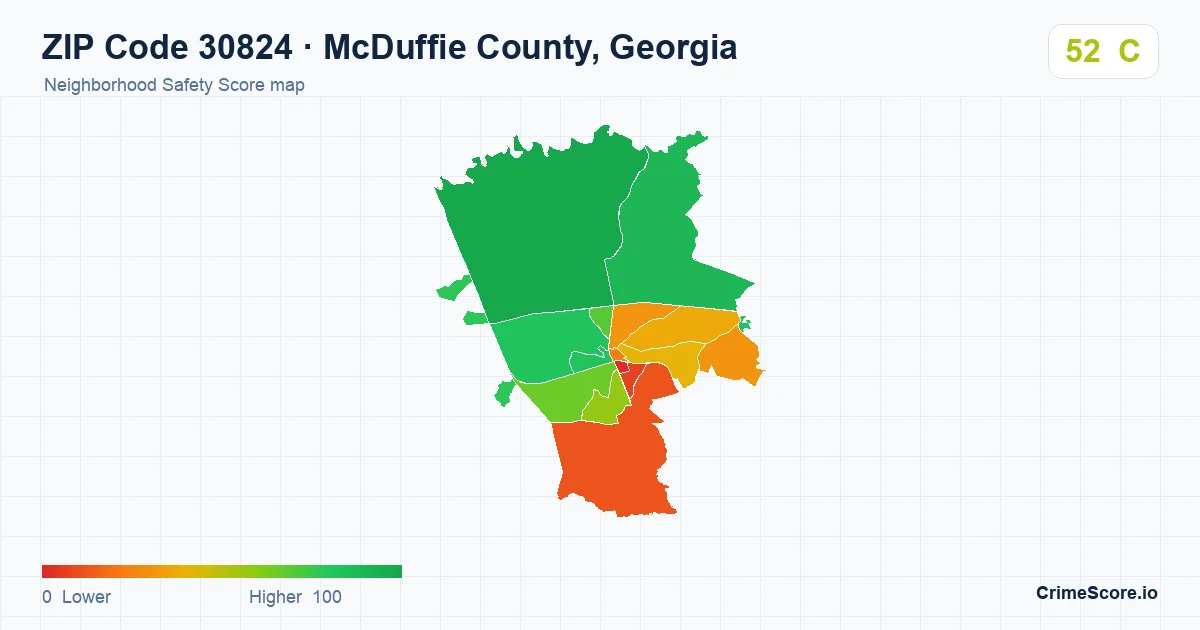 ZIP Code 30824 in McDuffie County, Georgia neighborhood Safety Score map