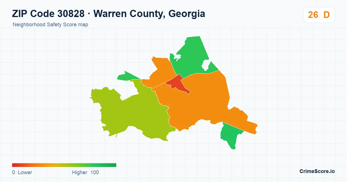 ZIP Code 30828 in Warren County, Georgia neighborhood Safety Score map