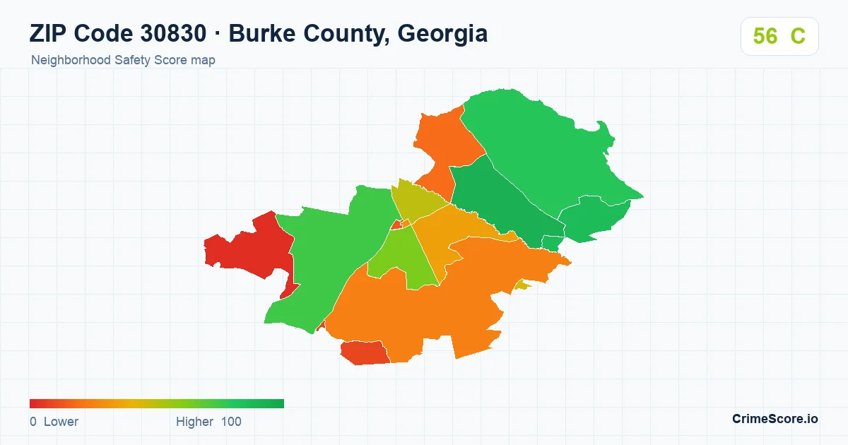 ZIP Code 30830 in Burke County, Georgia neighborhood Safety Score map