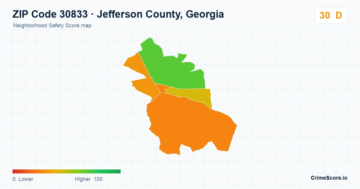 ZIP Code 30833 in Jefferson County, Georgia neighborhood Safety Score map