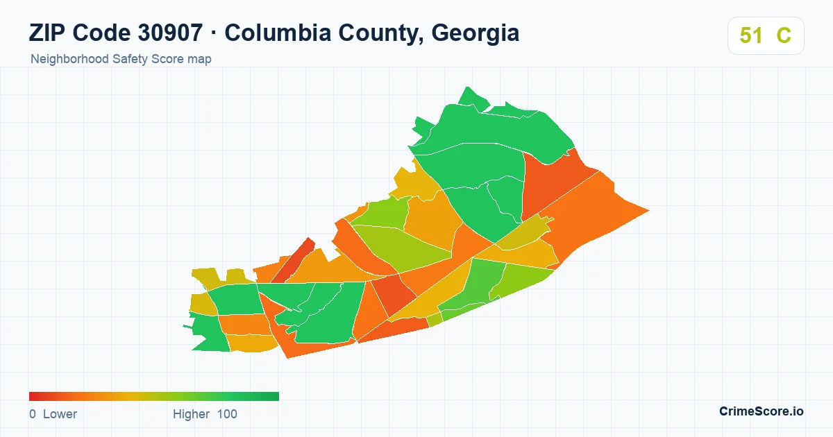 ZIP Code 30907 in Columbia County, Georgia neighborhood Safety Score map