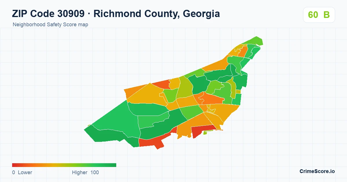 ZIP Code 30909 in Richmond County, Georgia neighborhood Safety Score map