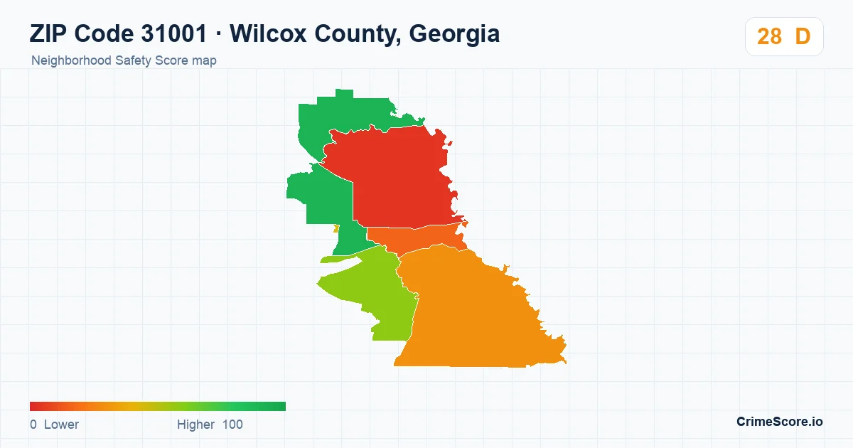 ZIP Code 31001 in Wilcox County, Georgia neighborhood Safety Score map