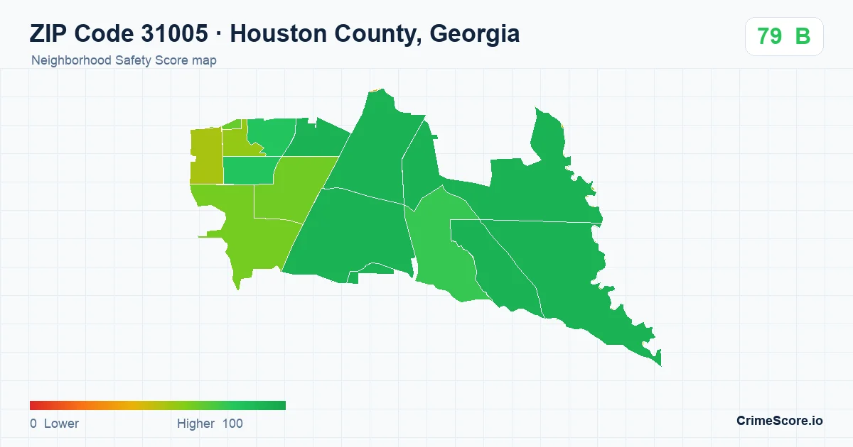 ZIP Code 31005 in Houston County, Georgia neighborhood Safety Score map