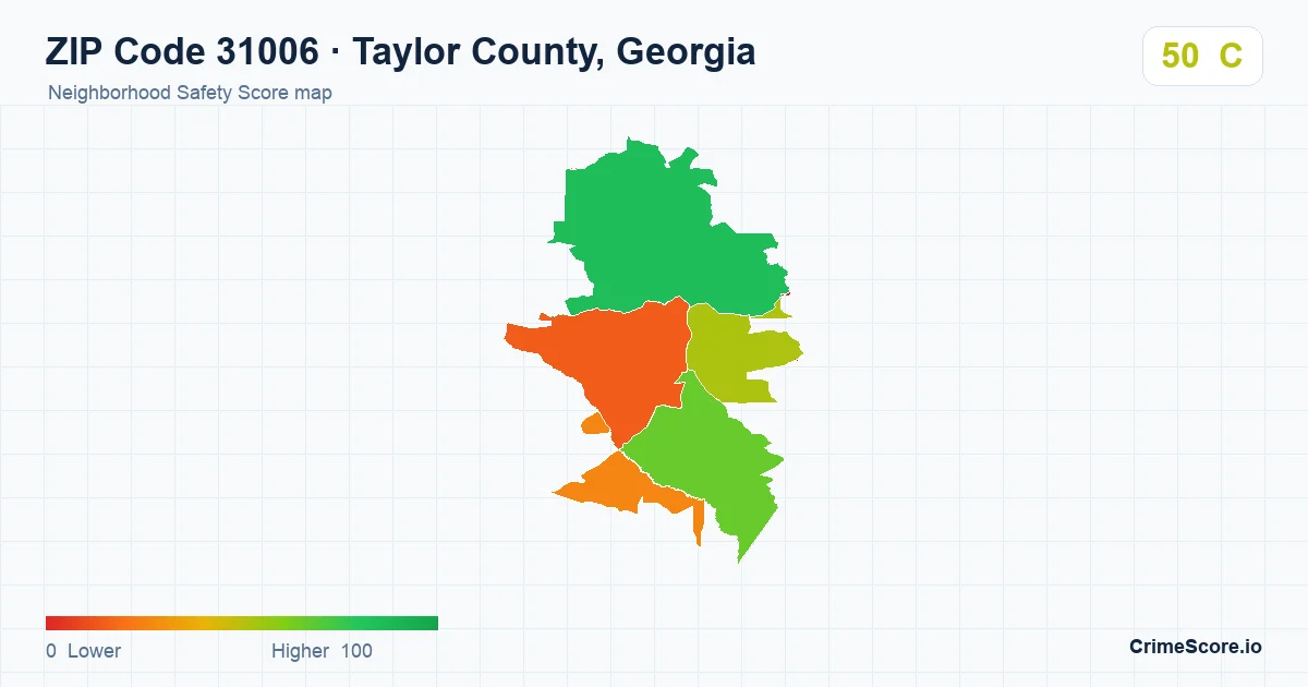 ZIP Code 31006 in Taylor County, Georgia neighborhood Safety Score map