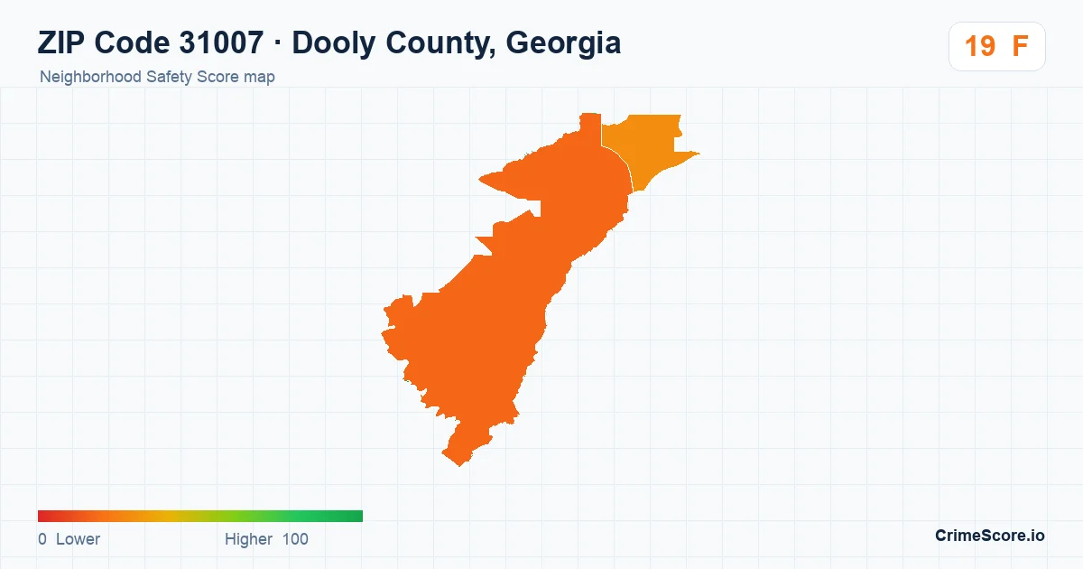 ZIP Code 31007 in Dooly County, Georgia neighborhood Safety Score map