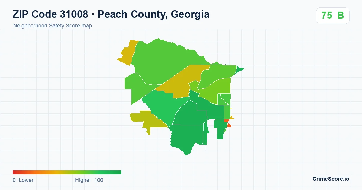 ZIP Code 31008 in Peach County, Georgia neighborhood Safety Score map