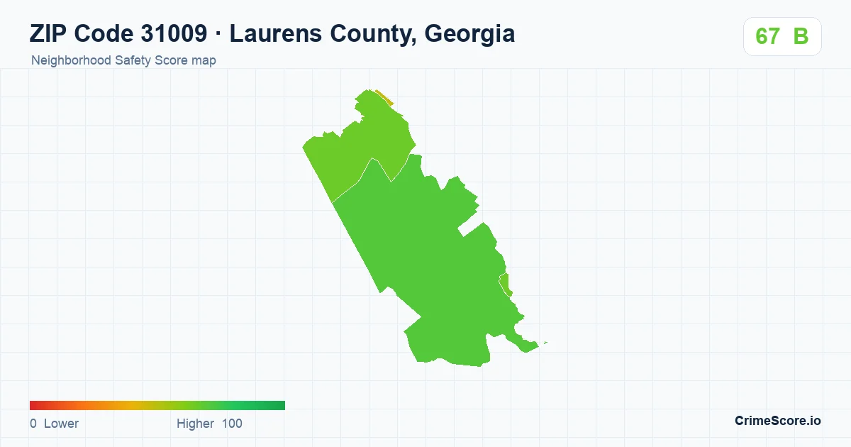 ZIP Code 31009 in Laurens County, Georgia neighborhood Safety Score map