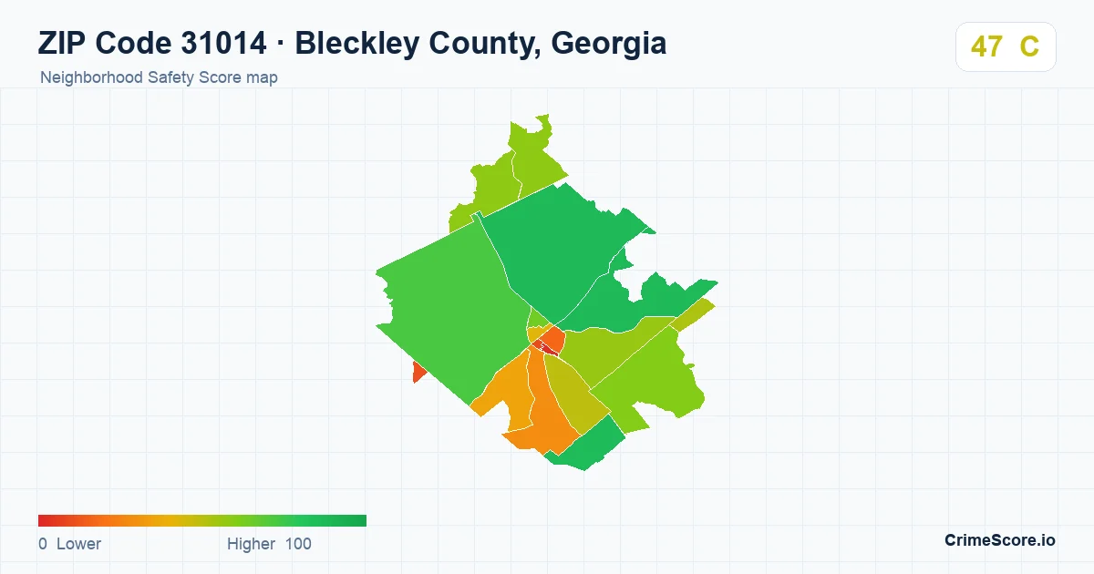 ZIP Code 31014 in Bleckley County, Georgia neighborhood Safety Score map