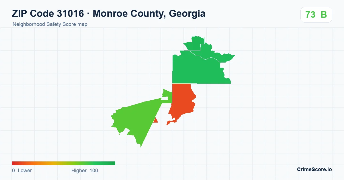 ZIP Code 31016 in Monroe County, Georgia neighborhood Safety Score map
