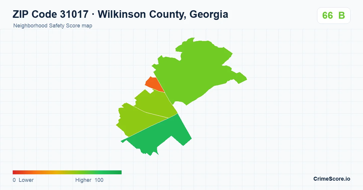 ZIP Code 31017 in Wilkinson County, Georgia neighborhood Safety Score map