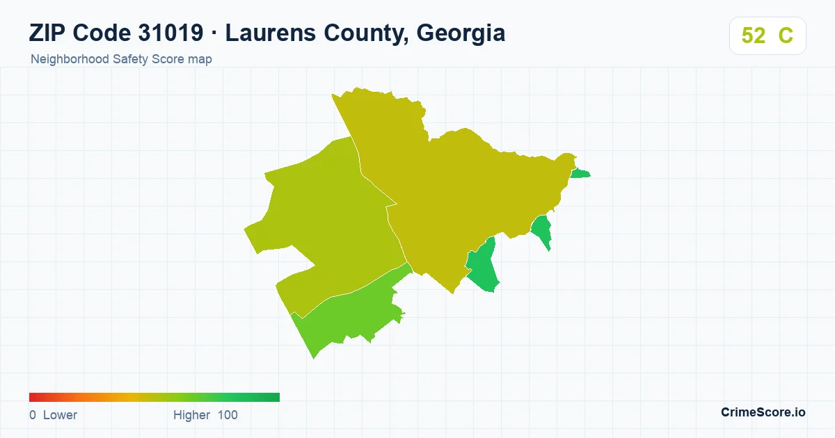 ZIP Code 31019 in Laurens County, Georgia neighborhood Safety Score map