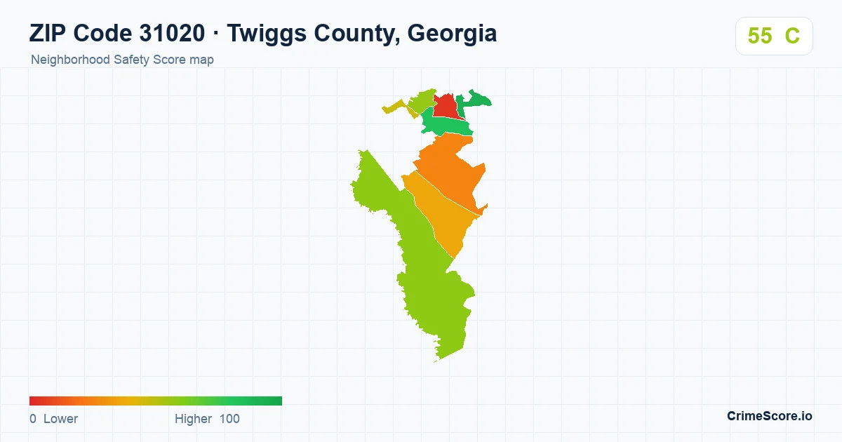 ZIP Code 31020 in Twiggs County, Georgia neighborhood Safety Score map