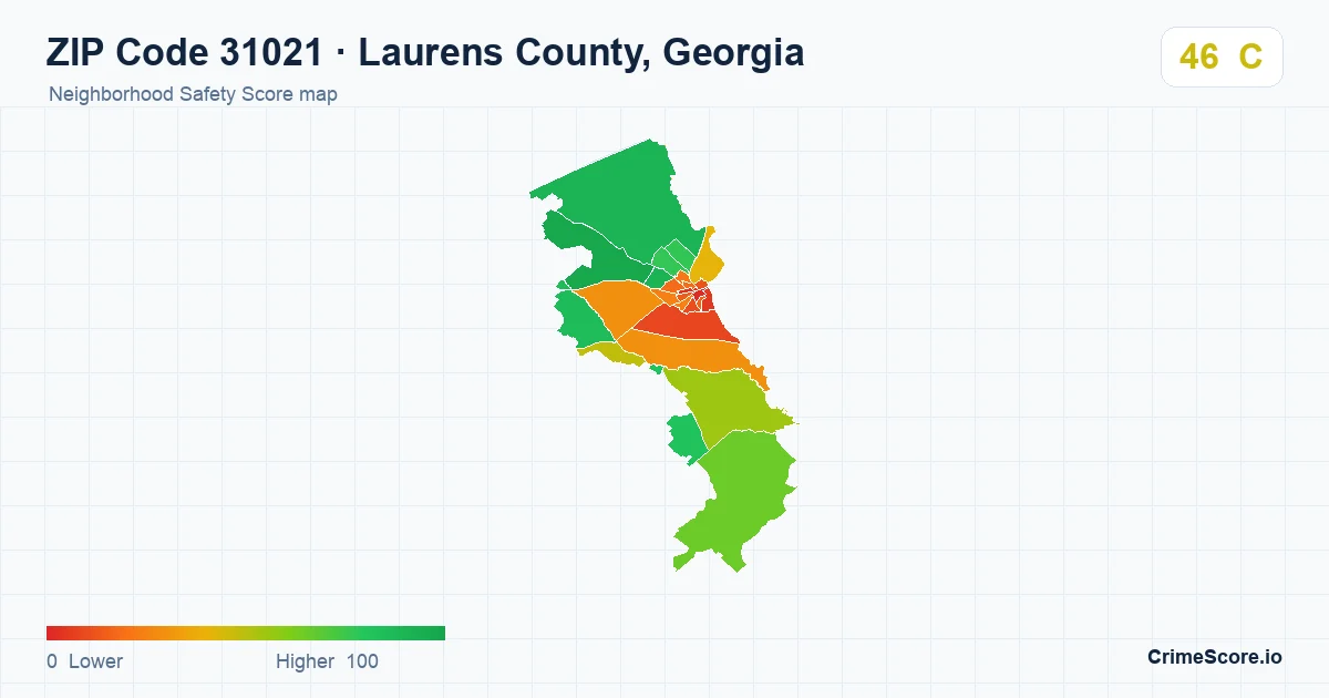 ZIP Code 31021 in Laurens County, Georgia neighborhood Safety Score map