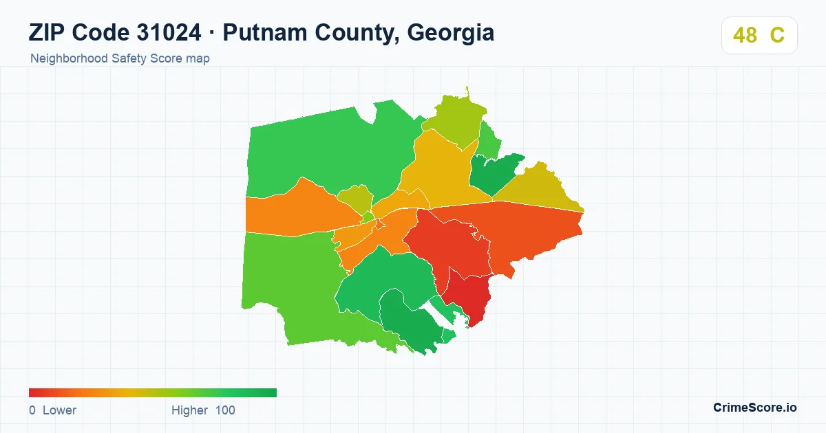 ZIP Code 31024 in Putnam County, Georgia neighborhood Safety Score map