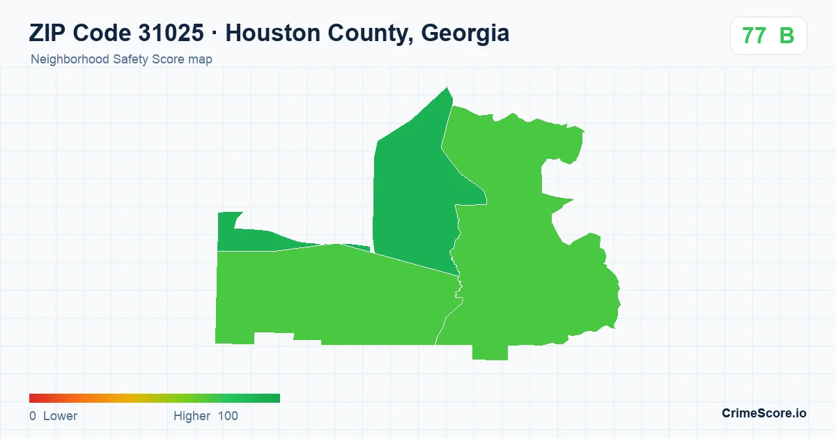 ZIP Code 31025 in Houston County, Georgia neighborhood Safety Score map