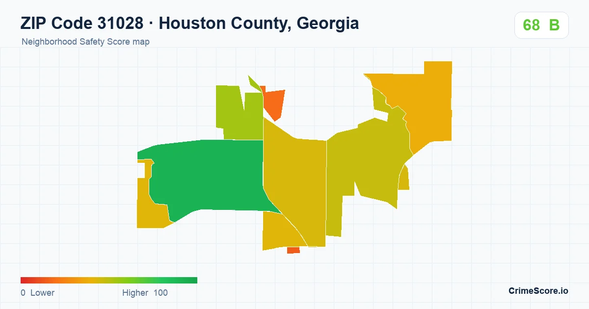ZIP Code 31028 in Houston County, Georgia neighborhood Safety Score map