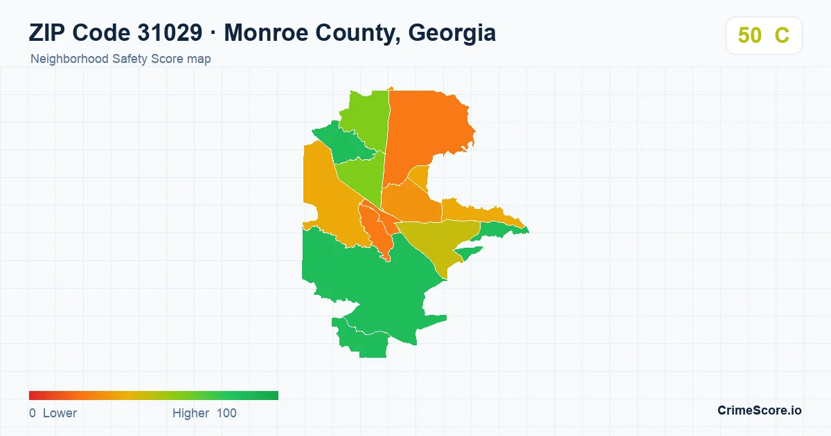 ZIP Code 31029 in Monroe County, Georgia neighborhood Safety Score map