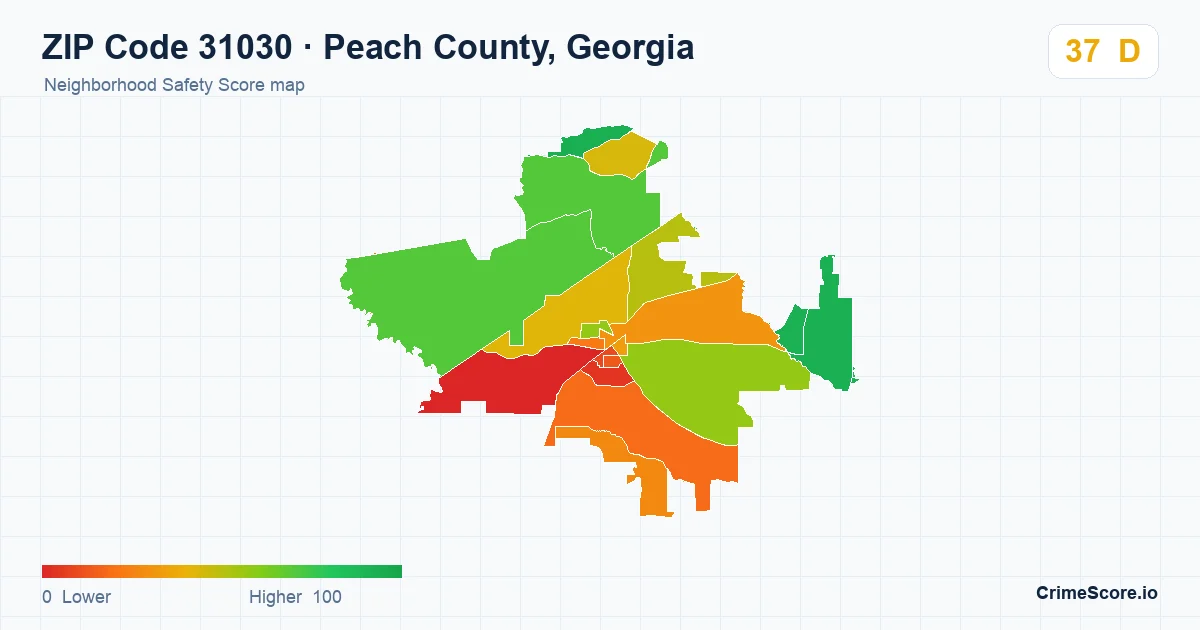 ZIP Code 31030 in Peach County, Georgia neighborhood Safety Score map