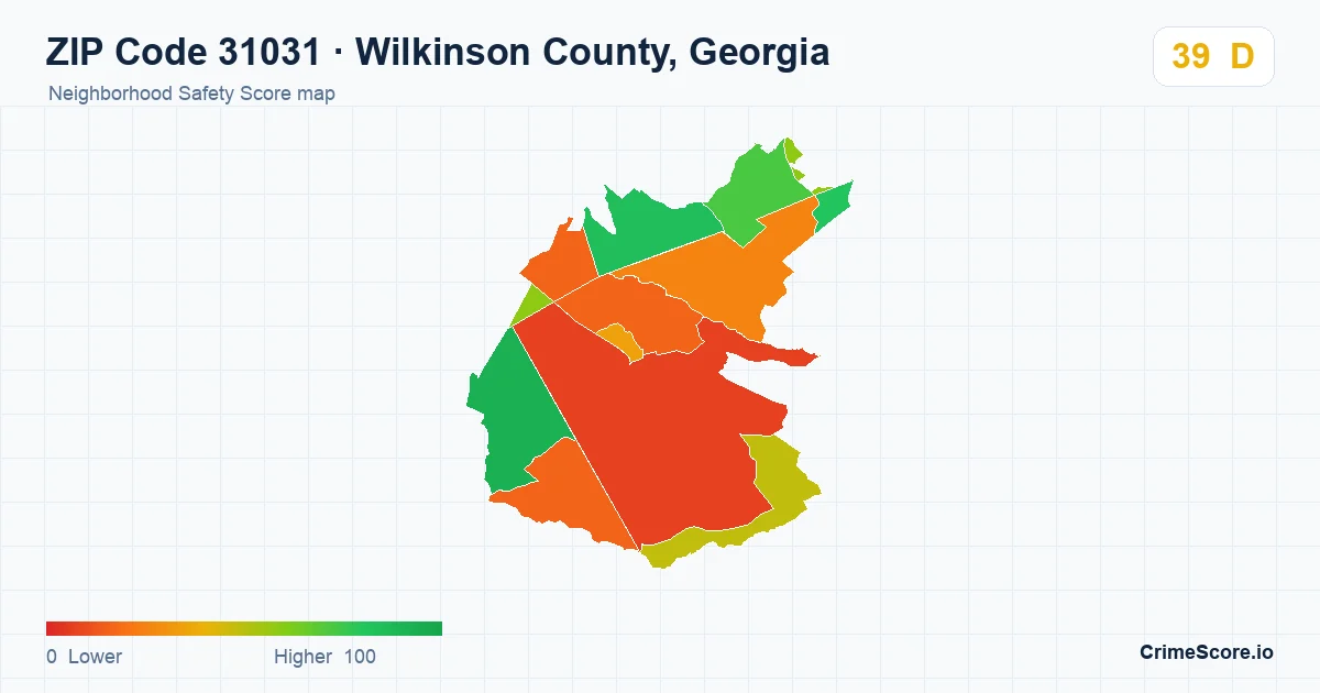 ZIP Code 31031 in Wilkinson County, Georgia neighborhood Safety Score map