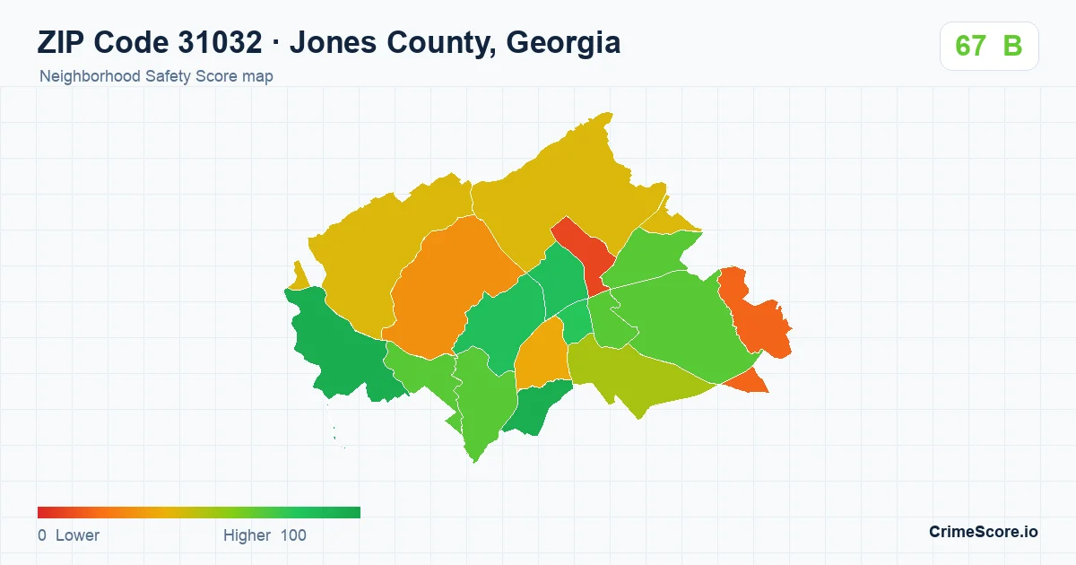 ZIP Code 31032 in Jones County, Georgia neighborhood Safety Score map
