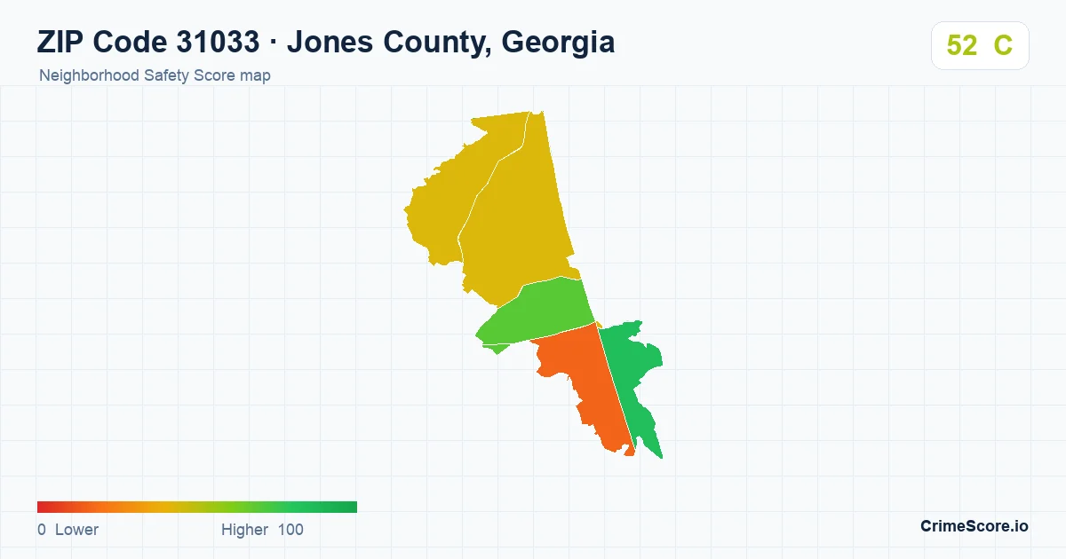 ZIP Code 31033 in Jones County, Georgia neighborhood Safety Score map