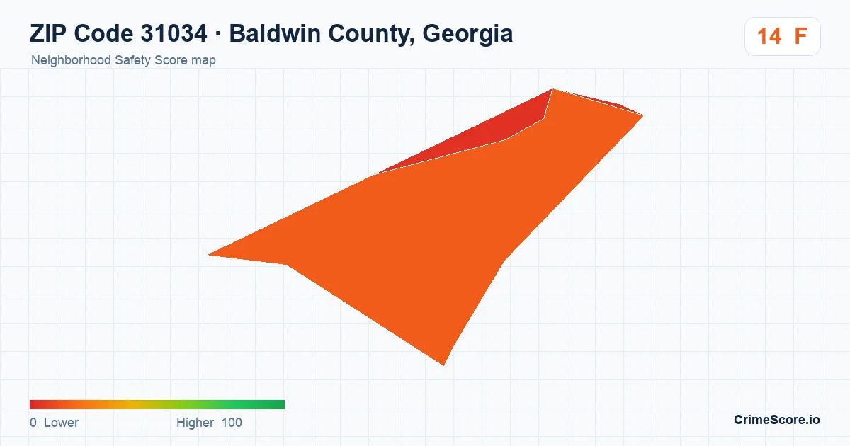 ZIP Code 31034 in Baldwin County, Georgia neighborhood Safety Score map