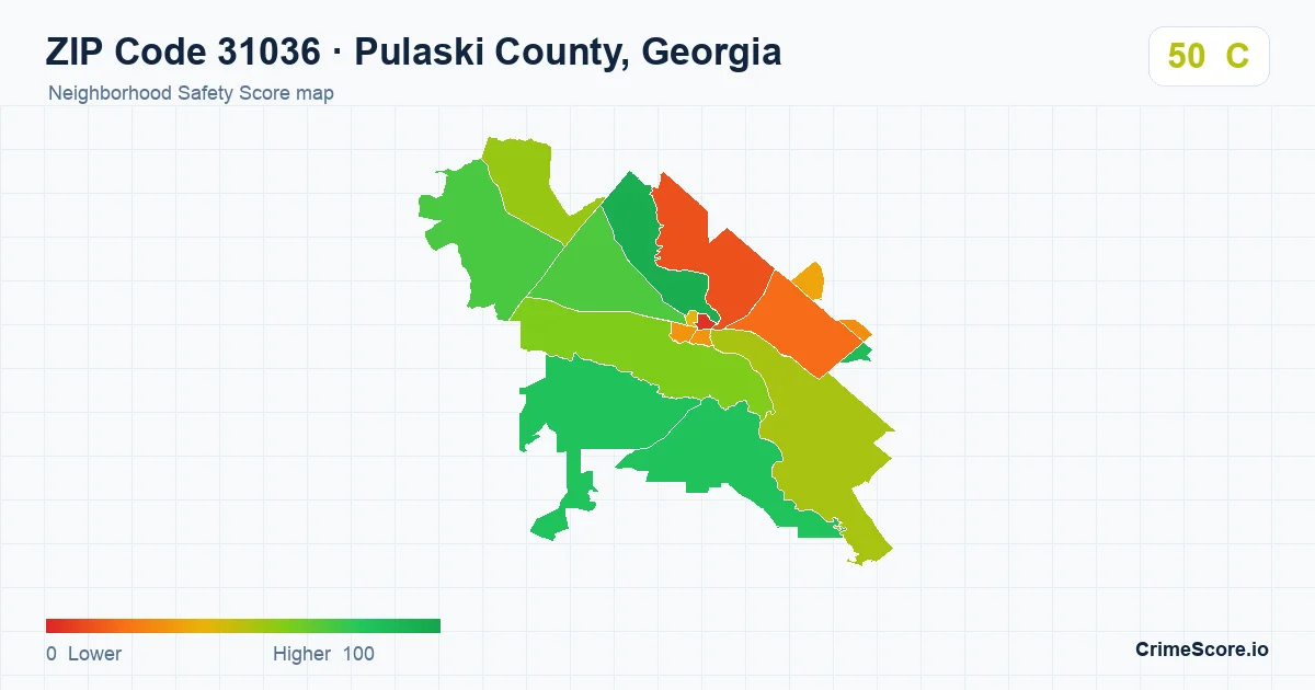 ZIP Code 31036 in Pulaski County, Georgia neighborhood Safety Score map