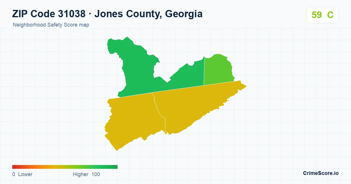 ZIP Code 31038 in Jones County, Georgia neighborhood Safety Score map