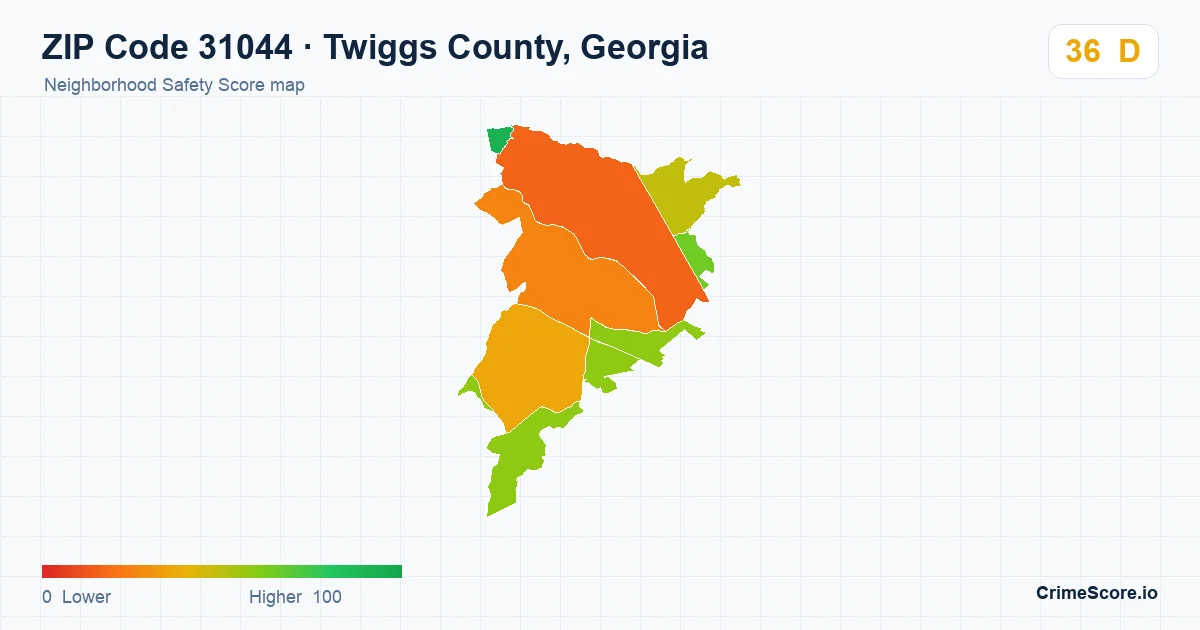 ZIP Code 31044 in Twiggs County, Georgia neighborhood Safety Score map