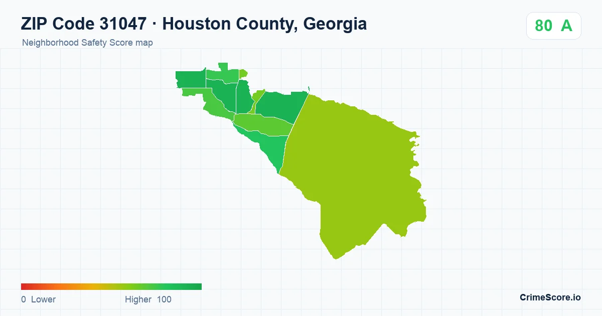 ZIP Code 31047 in Houston County, Georgia neighborhood Safety Score map