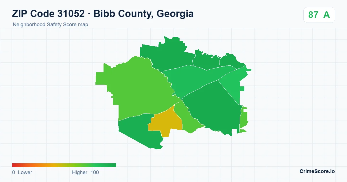 ZIP Code 31052 in Bibb County, Georgia neighborhood Safety Score map
