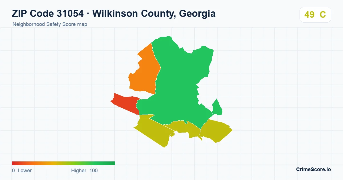 ZIP Code 31054 in Wilkinson County, Georgia neighborhood Safety Score map