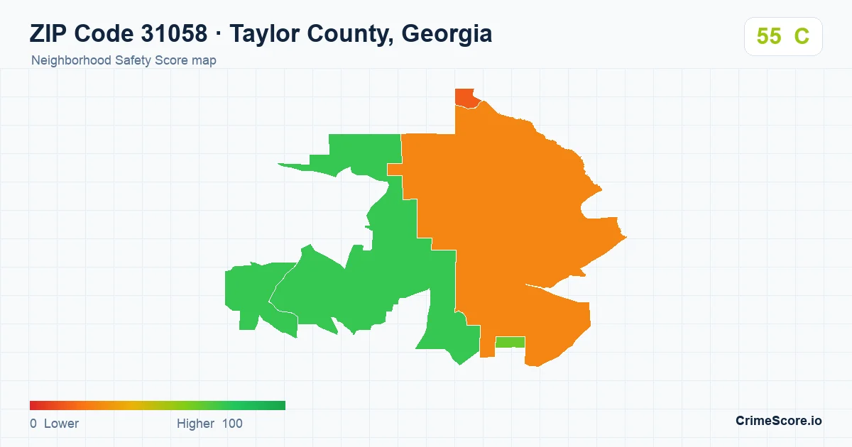 ZIP Code 31058 in Taylor County, Georgia neighborhood Safety Score map