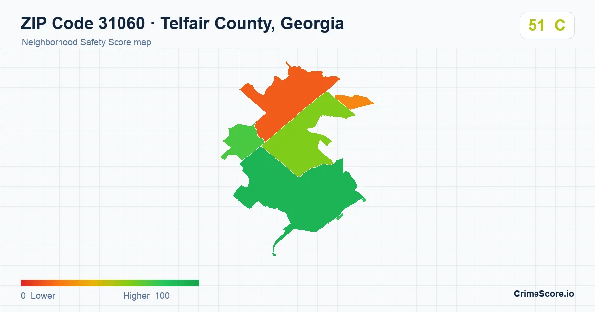 ZIP Code 31060 in Telfair County, Georgia neighborhood Safety Score map