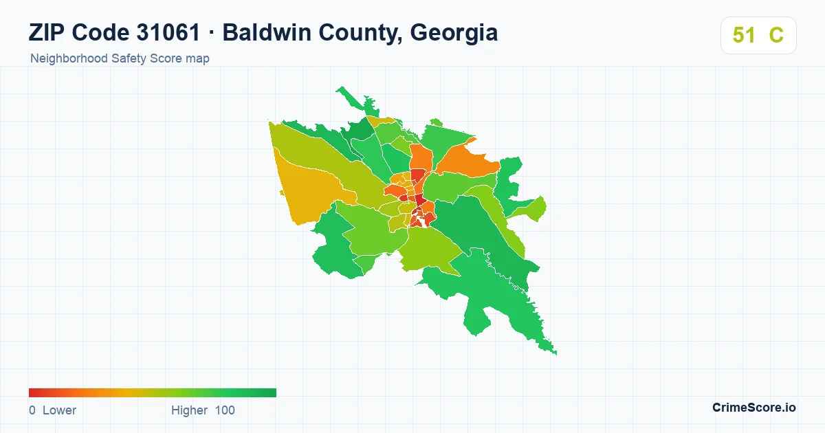 ZIP Code 31061 in Baldwin County, Georgia neighborhood Safety Score map