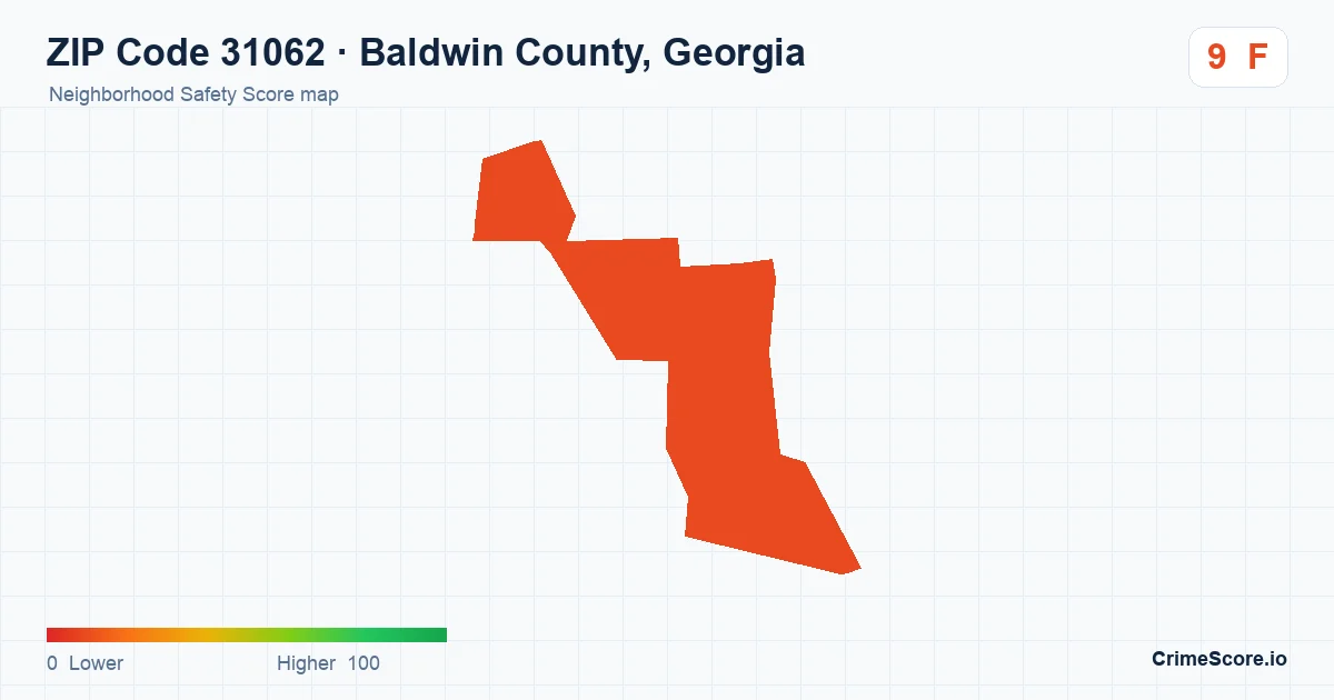 ZIP Code 31062 in Baldwin County, Georgia neighborhood Safety Score map