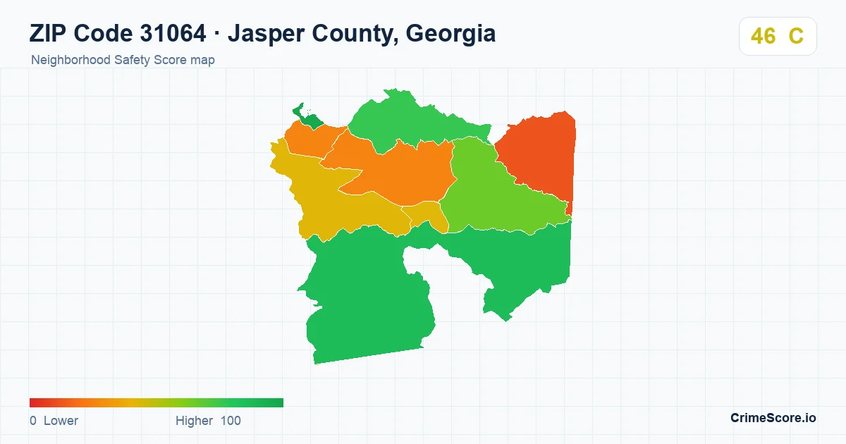 ZIP Code 31064 in Jasper County, Georgia neighborhood Safety Score map