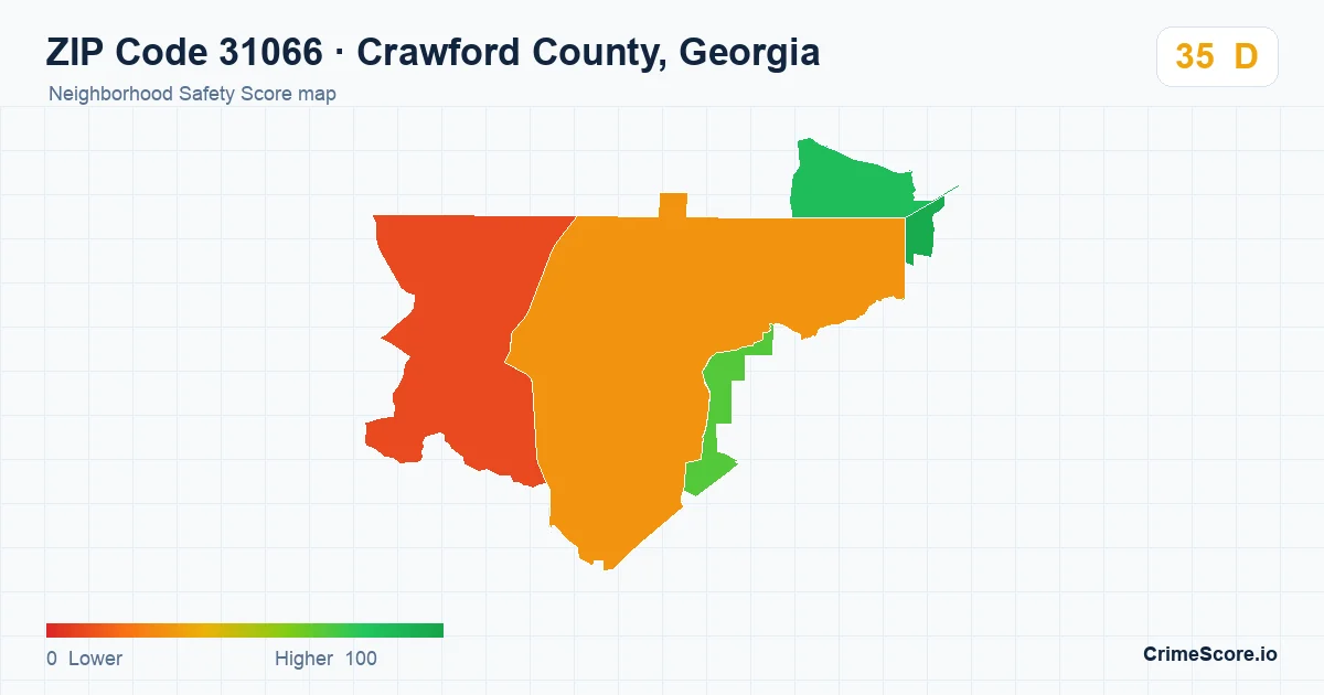 ZIP Code 31066 in Crawford County, Georgia neighborhood Safety Score map