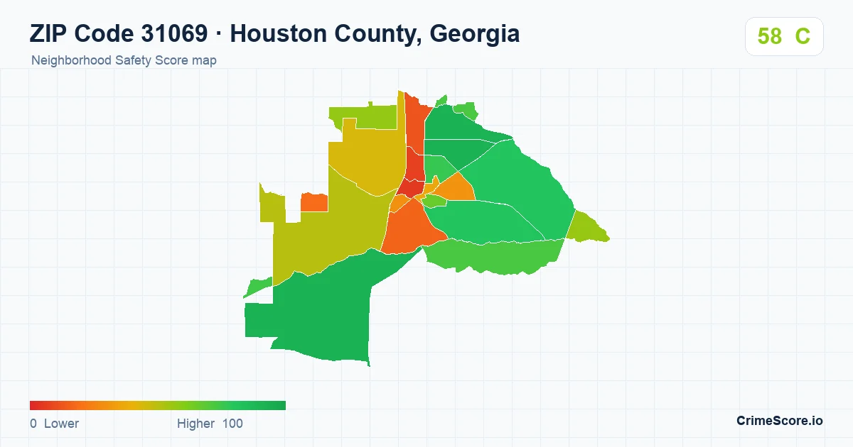 ZIP Code 31069 in Houston County, Georgia neighborhood Safety Score map