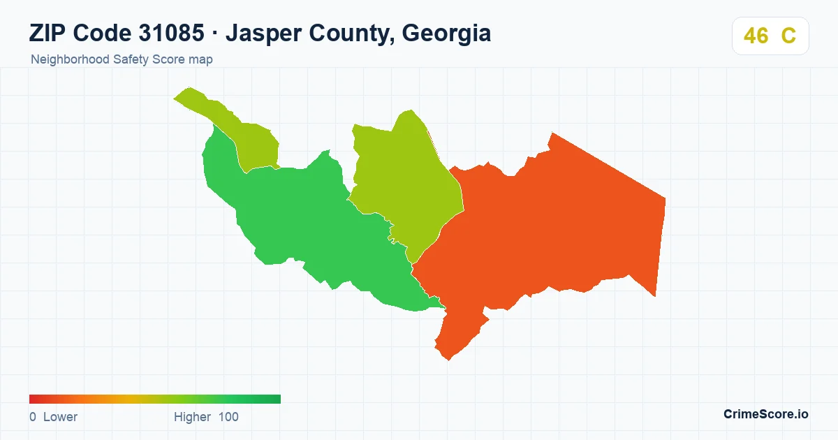 ZIP Code 31085 in Jasper County, Georgia neighborhood Safety Score map