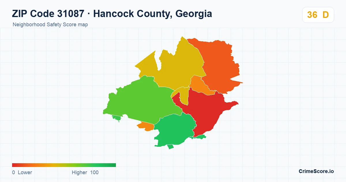 ZIP Code 31087 in Hancock County, Georgia neighborhood Safety Score map